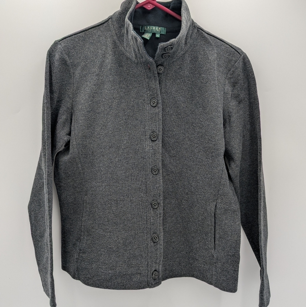 LRL Minimalist Button-Up Cardigan Jacket Women's Petite Large Preppy Grey Soft
